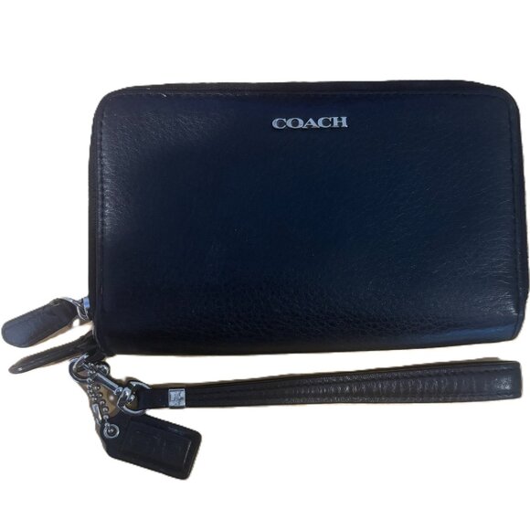 Coach Black Leather wristlet double zip around wallet room for key/small phone - Picture 2 of 7